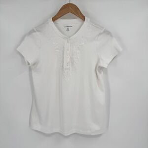 Croft & Barrow White V-Neck Floral‎ Embroidered Short Sleeve Shirt Women's Sz MP
